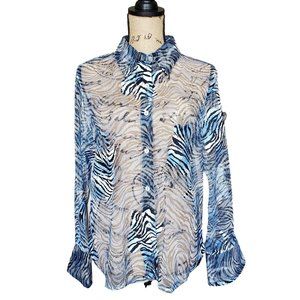 NICOLA Fish Net Button Down Blouse Animal Print Blue/Black Size Large